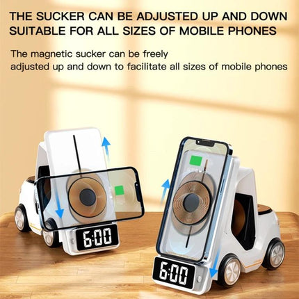 Versatile Car-Shaped Alarm Clock for Everyday Home Desk Use - compact car alarm clock with wireless phone charger, adjustable magnetic holder and digital display
