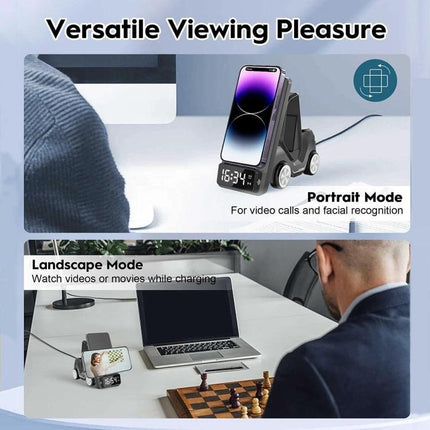 Versatile Car-Shaped Alarm Clock for Everyday Home Desk Use showing phone charging in portrait and landscape modes on a desk