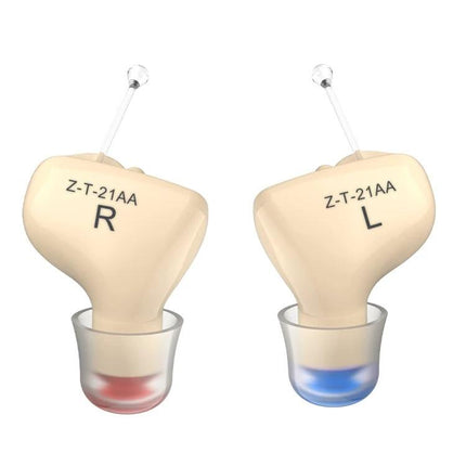 Invisible In-Ear Hearing Aid for Elderly with Sound Amplification beige left and right pair shown with left blue and right red tips
