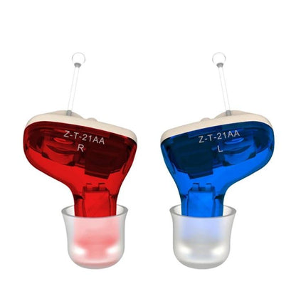 Invisible In-Ear Hearing Aid for Elderly with Sound Amplification - red and blue left/right discreet in-ear devices