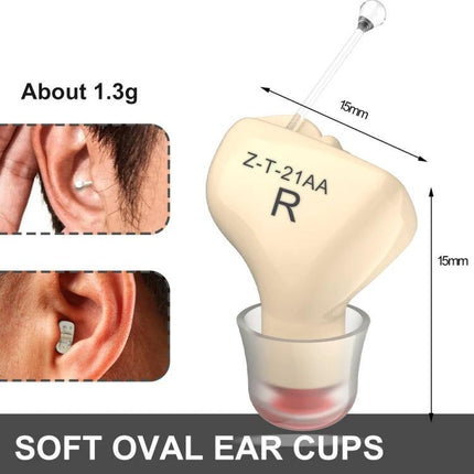 Invisible In-Ear Hearing Aid for Elderly with Sound Amplification shown small beige right-channel device with soft oval ear cup and removal probe
