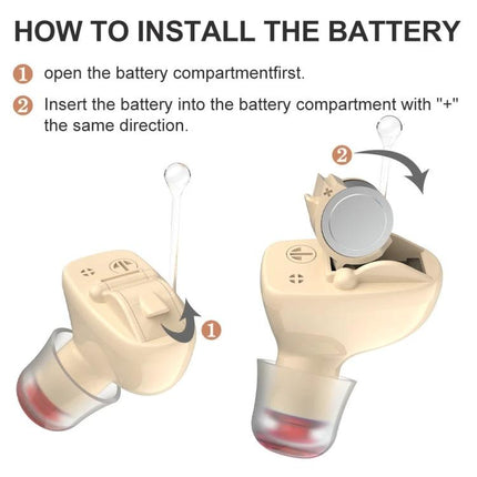 Invisible In-Ear Hearing Aid for Elderly with Sound Amplification showing battery compartment open and step-by-step battery installation
