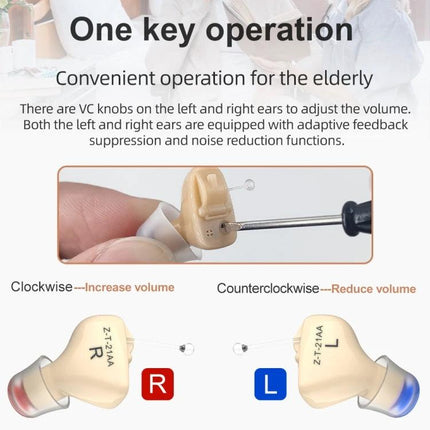Invisible In-Ear Hearing Aid for Elderly with Sound Amplification - discreet beige in-ear device showing one-key volume operation