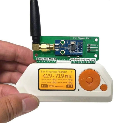 Flipper Zero External Module for Wireless Remote Control Use mounted on frequency analyzer showing 429.719 MHz display