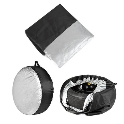Waterproof Car Tire Cover for Everyday Dirt and Weather Protection – 210D Oxford waterproof tire cover with drawstring, UV and moisture protection, folded and in use