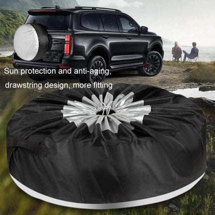 Waterproof Car Tire Cover for Everyday Dirt and Weather Protection on SUV spare wheel, 210D Oxford cloth, drawstring fit, UV and moisture resistant