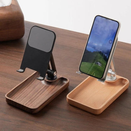 Adjustable Wooden Stand for Phones and Tablets at Home on wooden tray holding phone vertically and another folded with walnut and beech finish
