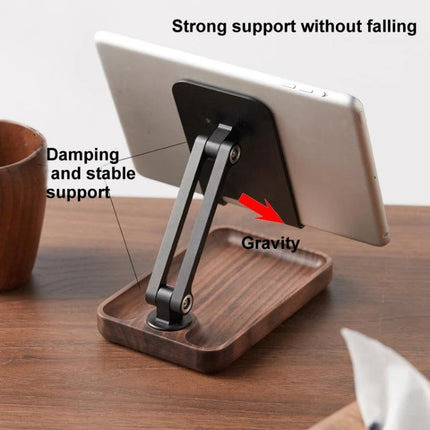 Adjustable Wooden Stand for Phones and Tablets at Home - walnut and aluminum alloy stand holding a tablet on a kitchen counter for hands-free viewing