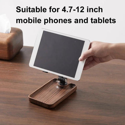 Adjustable Wooden Stand for Phones and Tablets at Home holding a tablet on a walnut base for hands-free kitchen or bedside use