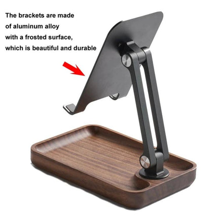 Adjustable Wooden Stand for Phones and Tablets at Home with walnut base and aluminum alloy brackets, angled for hands-free viewing on counter or bedside