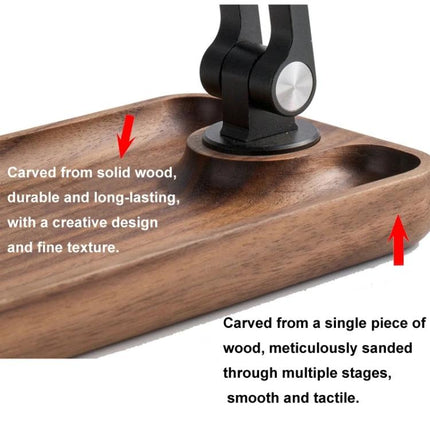 Adjustable Wooden Stand for Phones and Tablets at Home – walnut/beech wooden base with aluminum hinge holding phone on kitchen counter or bedside table