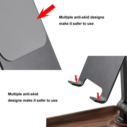 Adjustable Wooden Stand for Phones and Tablets at Home showing anti-skid pads on device cradle and base for secure hands-free use