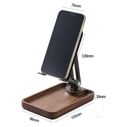 Adjustable Wooden Stand for Phones and Tablets at Home - walnut wood adjustable desk stand with aluminum arm, 155x98x20mm base and 120mm phone support