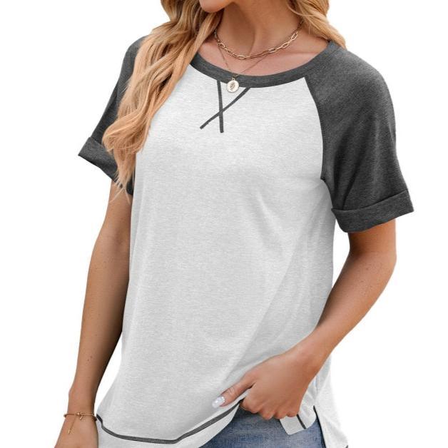 Casual Color Block Round Neck T-Shirt for Women - Spring/Summer Short Sleeve Fashion