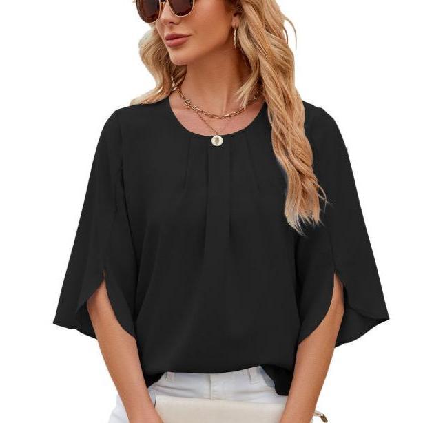 Casual Summer Chiffon Blouse for Women with Round Neck and Short Lotus Leaf Sleeves