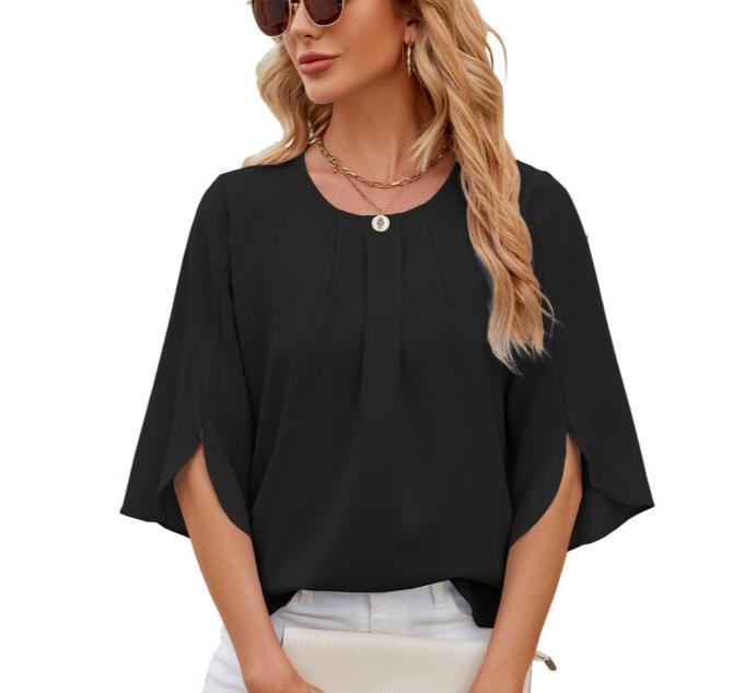 Casual Summer Chiffon Blouse for Women with Round Neck and Short Lotus Leaf Sleeves