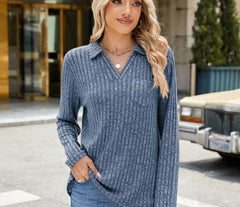 Chic Women's Long Sleeve Collared Top with Pockets - Casual Loose Fit for Fall and Winter