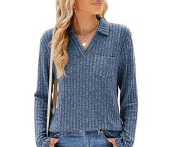 Chic Women's Long Sleeve Collared Top with Pockets - Casual Loose Fit for Fall and Winter