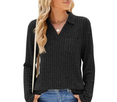 Chic Women's Long Sleeve Collared Top with Pockets - Casual Loose Fit for Fall and Winter