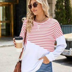 Colorblock Striped Long Sleeve Pullover Sweatshirt for Women - Casual Loose Fit Crew Neck Top for Fall and Winter