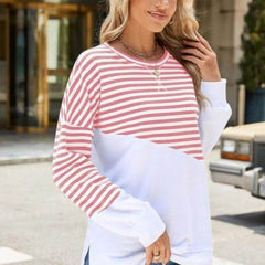 Colorblock Striped Long Sleeve Pullover Sweatshirt for Women - Casual Loose Fit Crew Neck Top for Fall and Winter