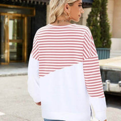 Colorblock Striped Long Sleeve Pullover Sweatshirt for Women - Casual Loose Fit Crew Neck Top for Fall and Winter