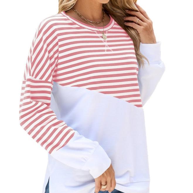 Colorblock Striped Long Sleeve Pullover Sweatshirt for Women - Casual Loose Fit Crew Neck Top for Fall and Winter