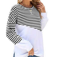 Colorblock Striped Long Sleeve Pullover Sweatshirt for Women - Casual Loose Fit Crew Neck Top for Fall and Winter