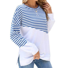 Colorblock Striped Long Sleeve Pullover Sweatshirt for Women - Casual Loose Fit Crew Neck Top for Fall and Winter