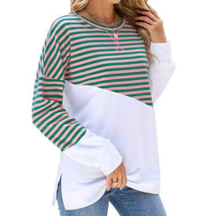 Colorblock Striped Long Sleeve Pullover Sweatshirt for Women - Casual Loose Fit Crew Neck Top for Fall and Winter