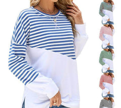 Colorblock Striped Long Sleeve Pullover Sweatshirt for Women - Casual Loose Fit Crew Neck Top for Fall and Winter