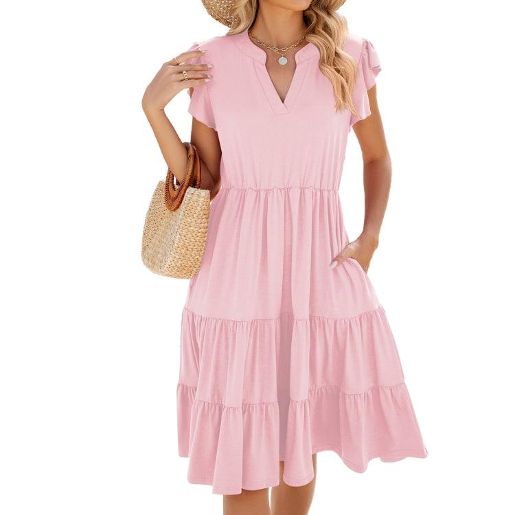 Bohemian V-Neck Layered Midi Dress with Ruffled Sleeves and Loose Fit