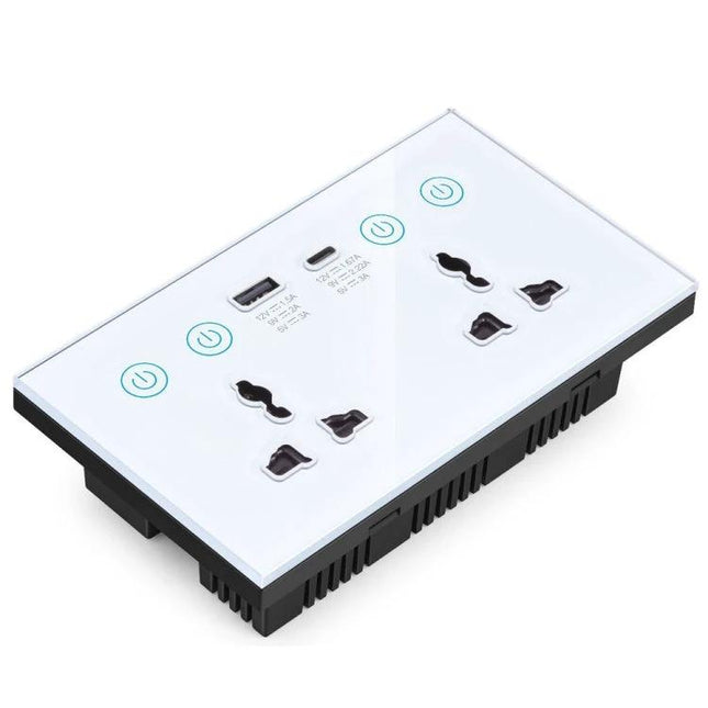 Graffiti Smart Socket for Remote Home Device Control - white glass wall socket with dual USB ports and touch power buttons