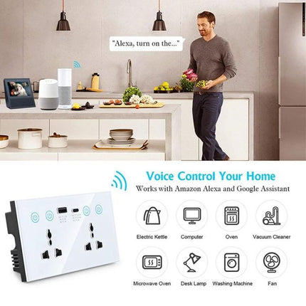 Graffiti Smart Socket for Remote Home Device Control shown in kitchen with voice assistants and icons for appliances
