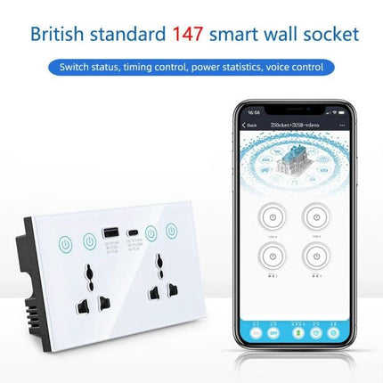 Graffiti Smart Socket for Remote Home Device Control showing white British standard smart wall socket and mobile app interface
