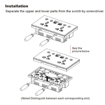 Graffiti Smart Socket for Remote Home Device Control installation diagram showing upper and lower parts separated with screwdrivers