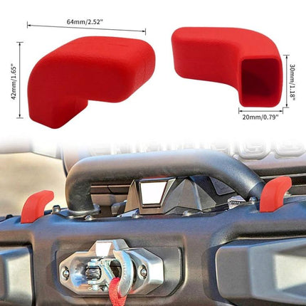Jeep Wrangler Bumper Hook Cover for Daily Driving Protection red PPE hook covers installed on front bumper, dimensions shown