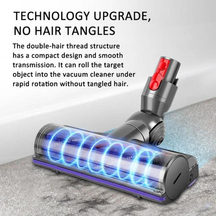 Soft Velvet Roller Brush Head for Dyson Vacuum Cleaners shown on carpet highlighting no-hair-tangles technology and smooth rotation