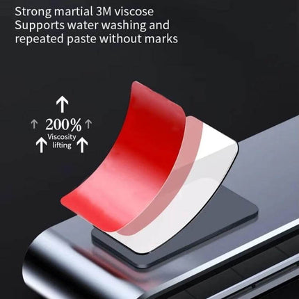 Metal Hidden Parking Number Plate Ornament Silver For Car - close-up of red 3M adhesive strip demo on device showing strong viscose adhesive and water-resistant layers