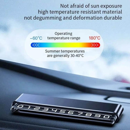 Metal Hidden Parking Number Plate Ornament Silver For Car on dashboard showing heat resistant material and operating temperature range -60°C to 180°C