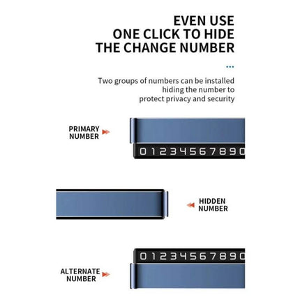 Metal Hidden Parking Number Plate Ornament Silver For Car showing primary, hidden and alternate number positions with one-click hide feature