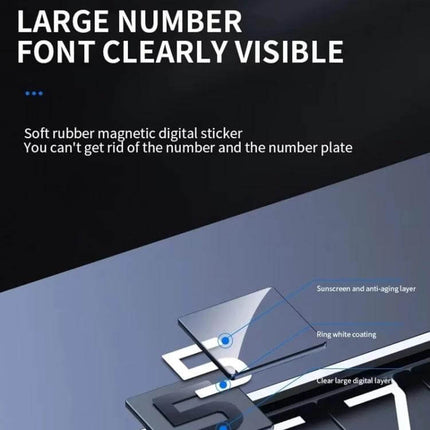 Metal Hidden Parking Number Plate Ornament Silver For Car — close-up showing large clear digital numbers, magnetic rubber sticker layers and silver aluminum finish
