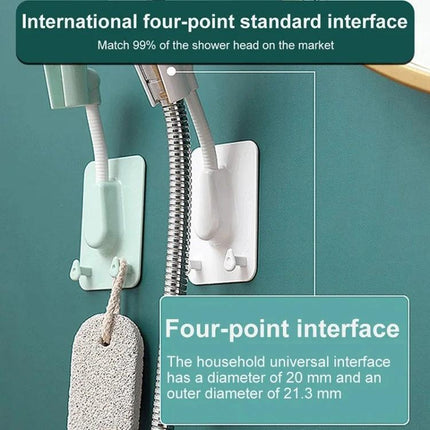 Adjustable Shower Rack for Everyday Bathroom Organization hanging loofah and shower hose on four-point interface showerhead mount