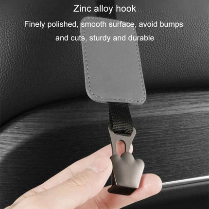 Leather Car Seat Hook Hanger For Vehicles To Organize Bags shown attached to seatback with leather strap, polyester lanyard and zinc alloy hook