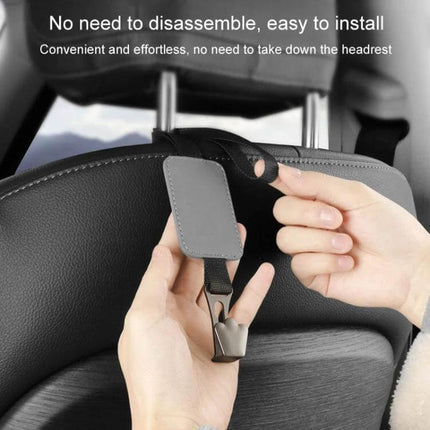 Leather Car Seat Hook Hanger For Vehicles To Organize Bags hanging from headrest showing leather strap, polyester lanyard and zinc alloy hook in use