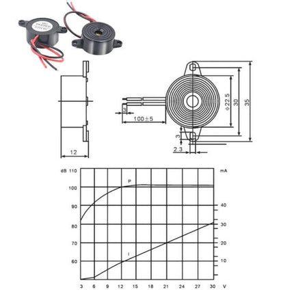 Versatile Active Piezo Buzzer for Loud Sound Alerts compact 23x12mm ABS mono alarm component with wiring and dimensional diagram