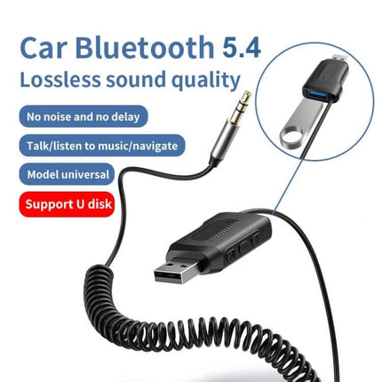 Car Bluetooth Receiver With USB Playback For In Car Audio - compact Bluetooth 5.4 adapter with USB port and 3.5mm cable for hands-free calls, music and USB playback