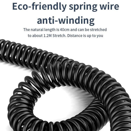 Car Bluetooth Receiver With USB Playback For In Car Audio showing eco-friendly anti-winding spring 3.5mm cable coiled design