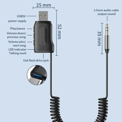 Car Bluetooth Receiver With USB Playback For In Car Audio – compact USB-powered adapter with 3.5mm cable, USB flash drive jack and playback controls