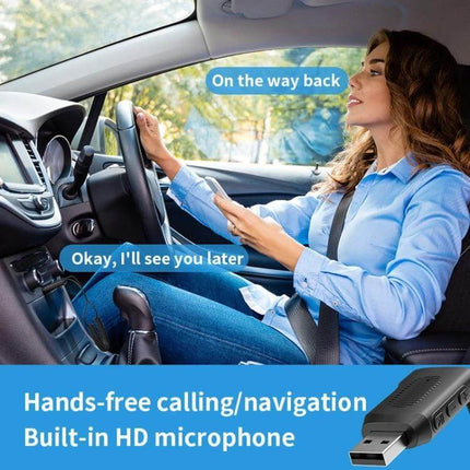 Car Bluetooth Receiver With USB Playback For In Car Audio - woman using hands-free calling and navigation via USB Bluetooth adapter in car